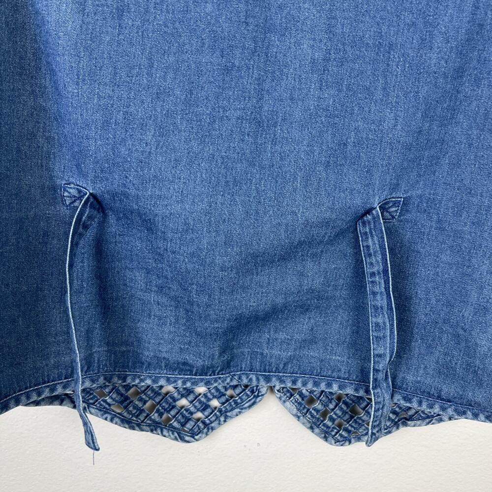 Vintage Woven Lattice Denim Vest Wood Toggle Button Boho Cowgirl Cottagecore M - Picture 7 of 13